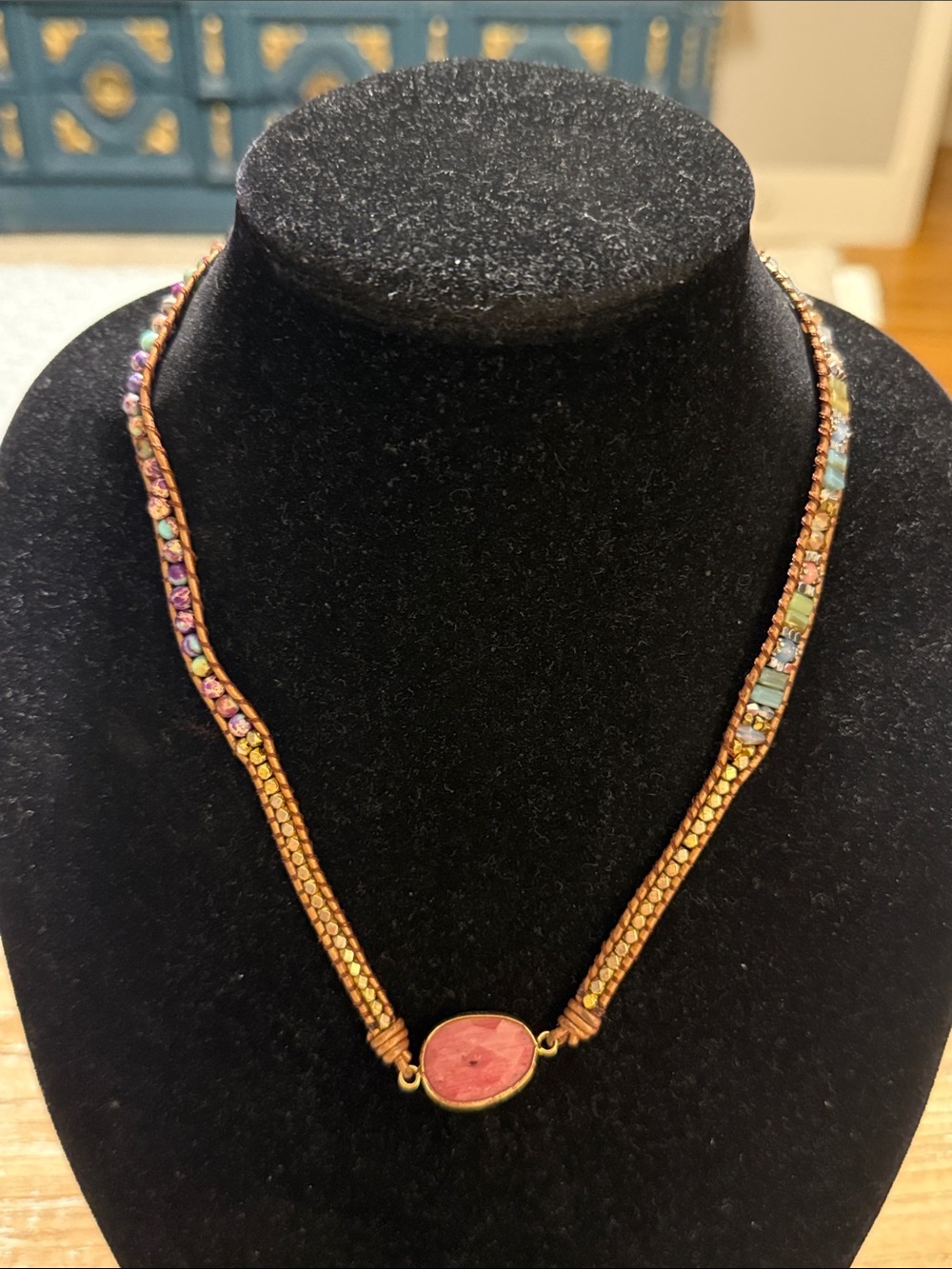 Vintage Brown Boho Gold Tone Pink Multicolored Beaded Statement Necklace